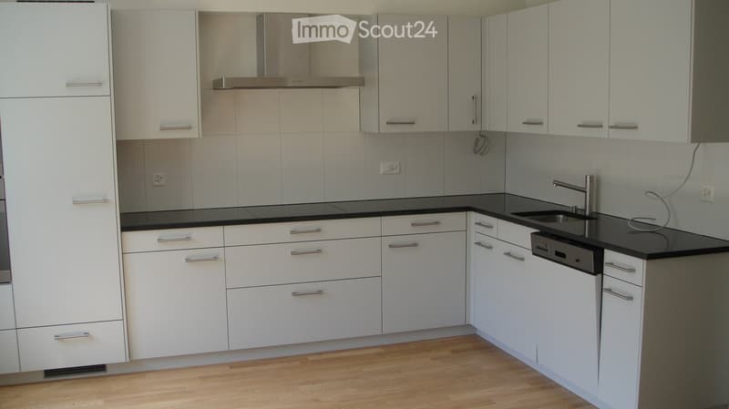 Modern kitchen with white cabinets, black countertops, and stainless steel fixtures.