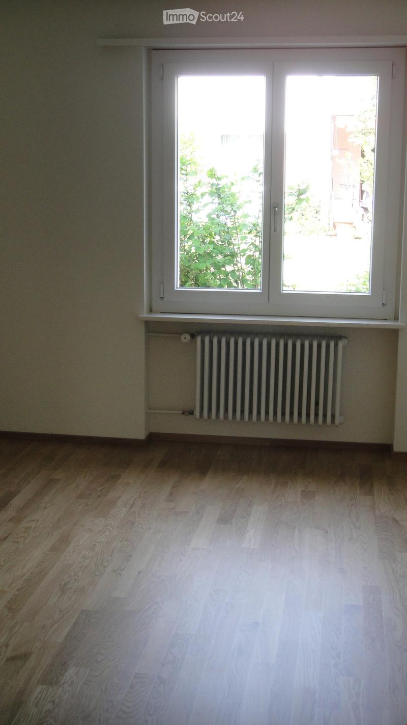 Empty room with wooden flooring, white walls, a radiator, and a large window with white frames showing greenery outside.