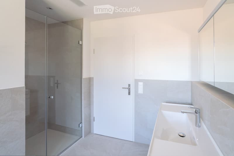 Modern bathroom with a white sink, chrome faucet, large mirror, and a glass-enclosed shower area.