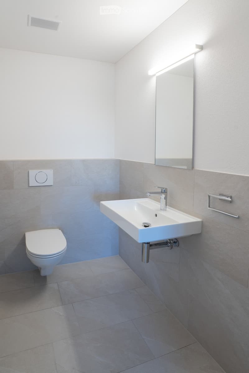 Modern bathroom with white toilet, sink, and mirror, featuring grey tiled walls and floor.