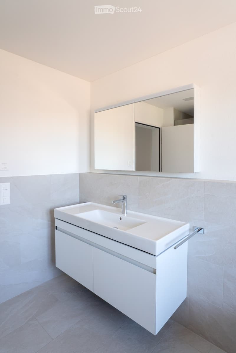 Modern bathroom with a white sink, sleek faucet, mirrored cabinet, and light grey tiled walls.