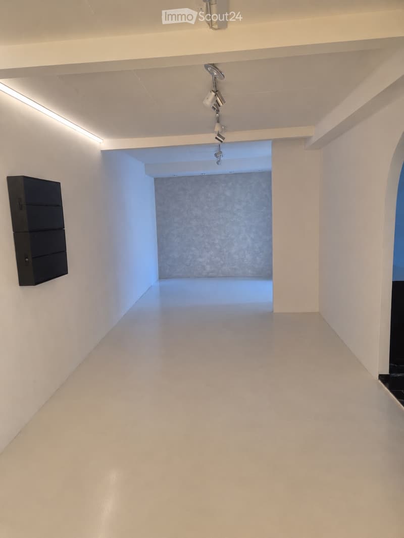 Empty hallway with white walls, beige floor, and modern lighting fixtures. No furniture or equipment present.