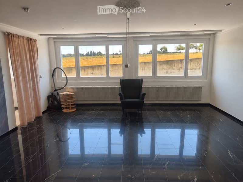 Modern room with black marble flooring, large windows overlooking a field, a black armchair, a wooden shelf, and a vacuum cleaner in the corner.