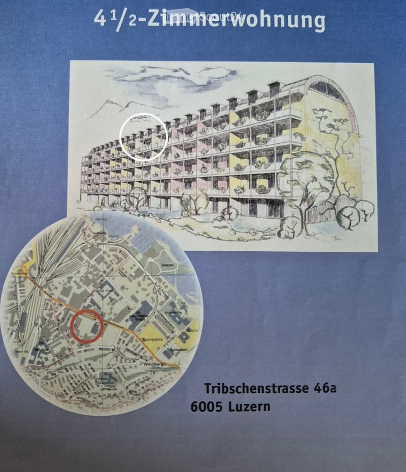 Floor plan of a 4.5-room apartment located at Tribschenstrasse 46a, 6005 Luzern, with a detailed building illustration and map overlay.