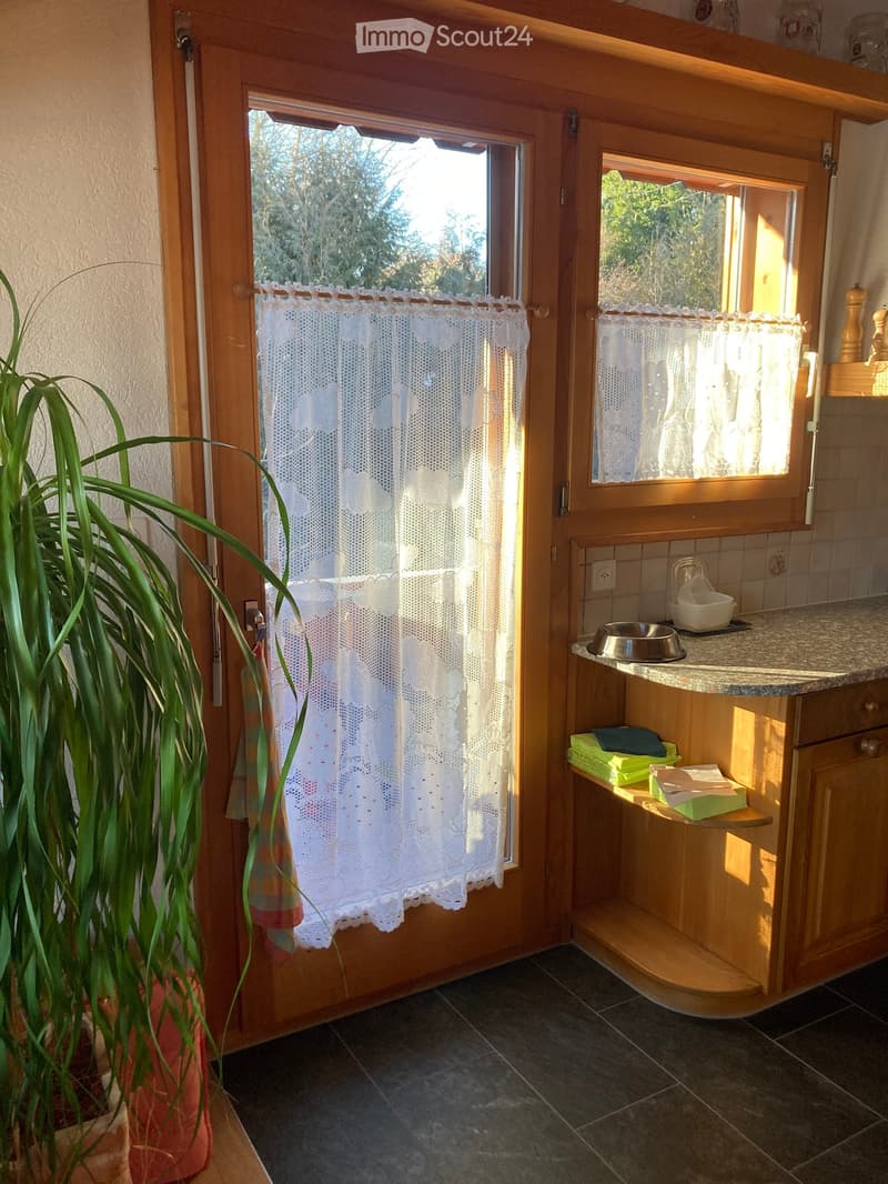 Bright kitchen with wooden cabinets, granite countertop, and tiled floor. Features a small window with white lace curtains and a pet bowl on the counter.