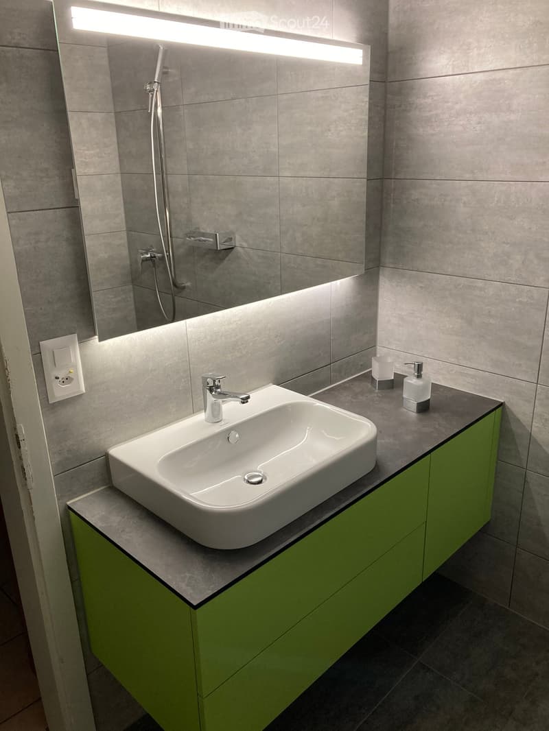Modern bathroom with a white sink, chrome faucet, large mirror, and green cabinetry.