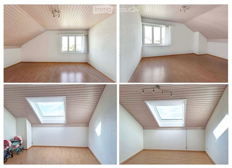 Four images of an unfurnished attic room with wooden floors, white walls, and sloped ceilings. The room features large windows and a skylight, with no furniture or personal items visible.