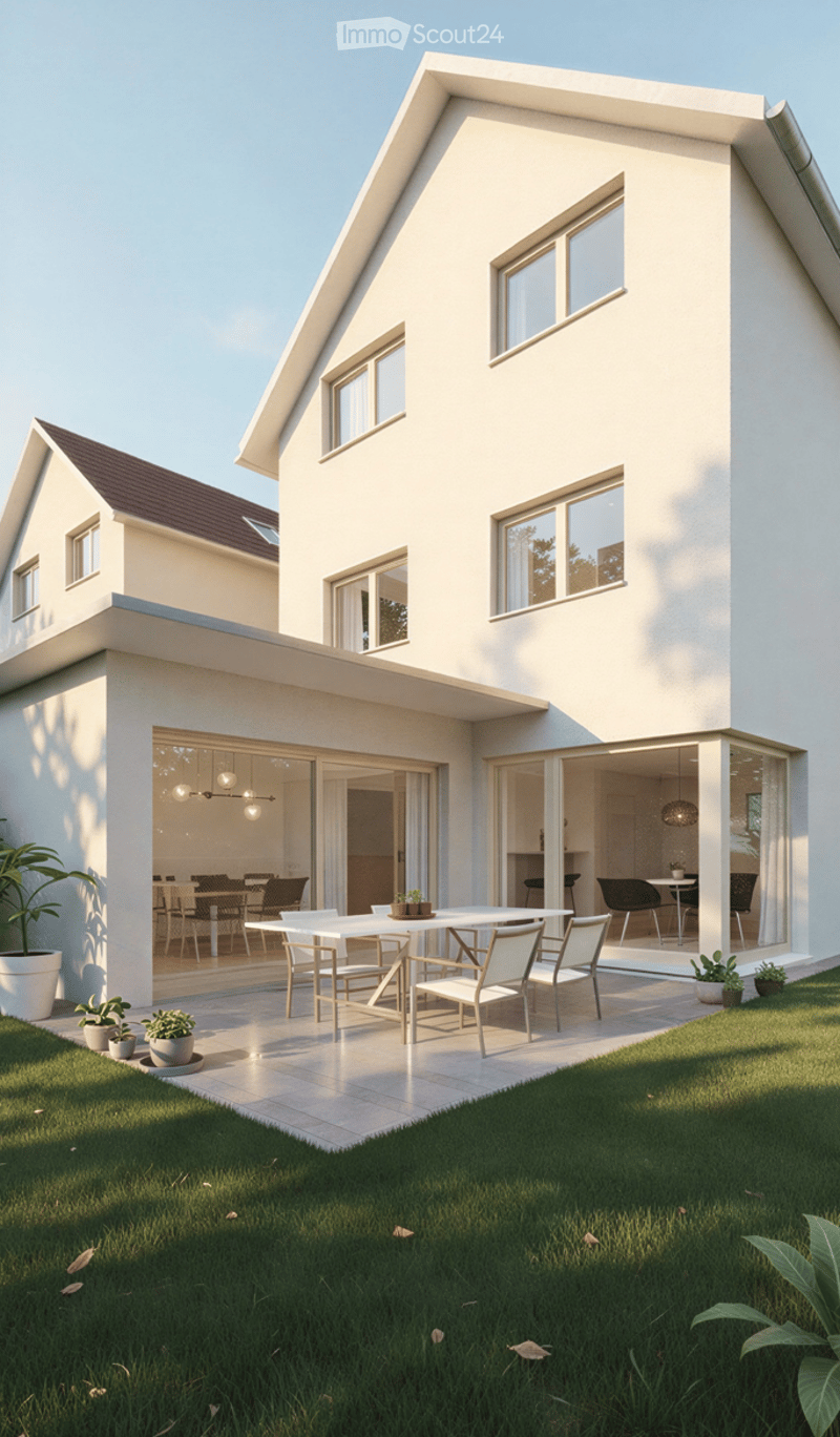 Modern two-story house with white exterior and large windows. The outdoor patio features a dining table, chairs, and potted plants, connected to the interior through large glass doors.