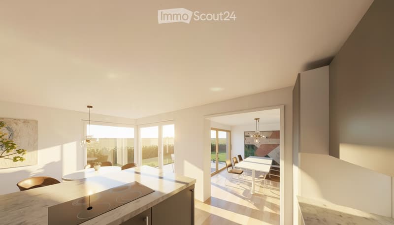 Modern kitchen with an island, induction cooktop, pendant lights, and a dining area with a table and chairs. Large windows offer a view of the outdoor space.