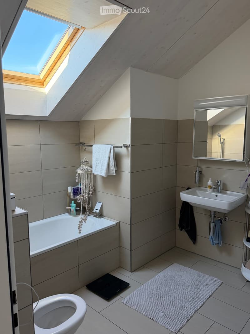 Modern bathroom with a skylight, bathtub, toilet, sink, mirror, towel, and decorative hanging.