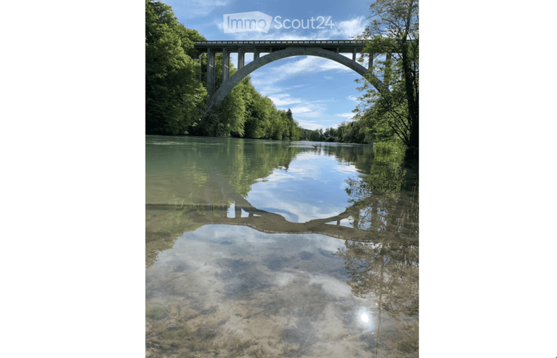 A serene outdoor scene featuring a calm river reflecting a large, modern bridge with a curved design, surrounded by lush green trees and a clear blue sky.