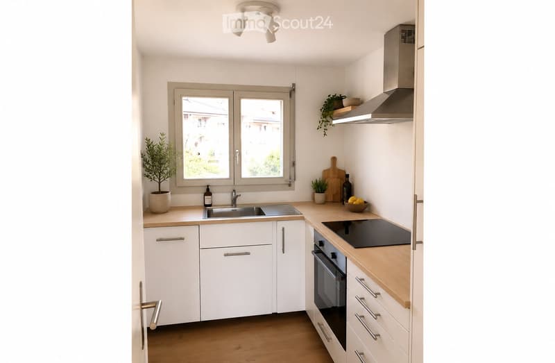 Modern kitchen with white cabinets, wooden countertops, stainless steel appliances, and a window overlooking a garden.