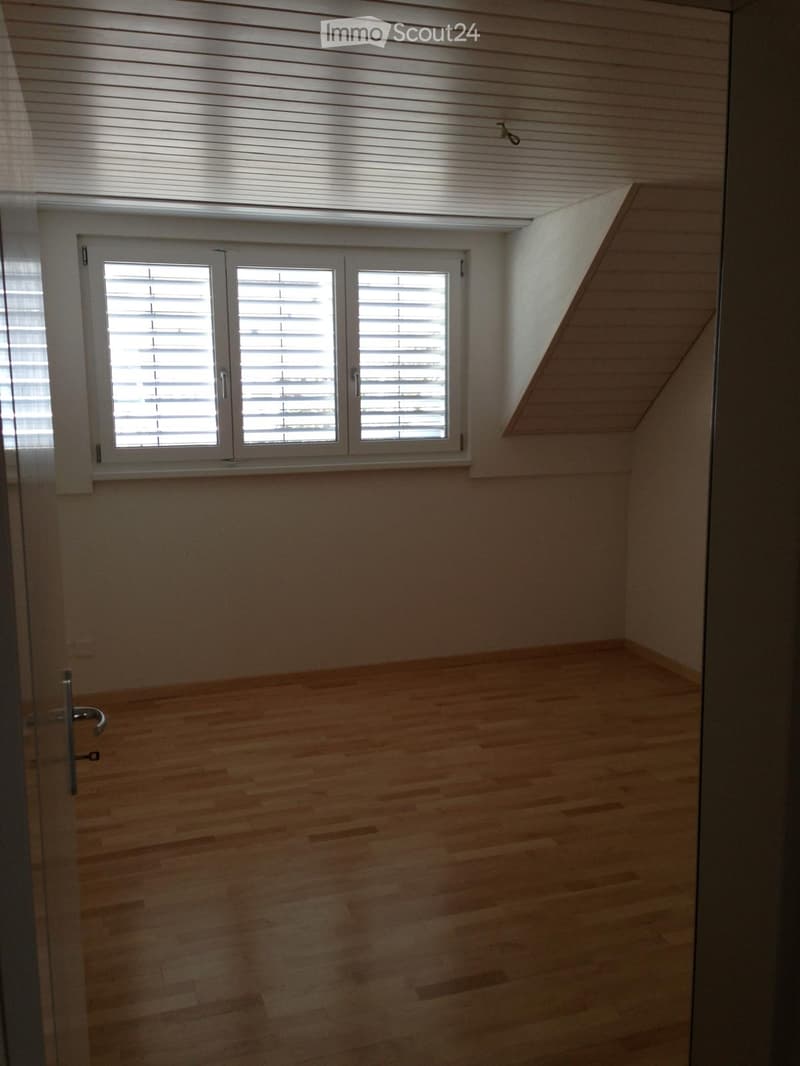 Empty room with wooden flooring, white walls, and a large window with blinds. The ceiling has a slanted design typical of an attic space.