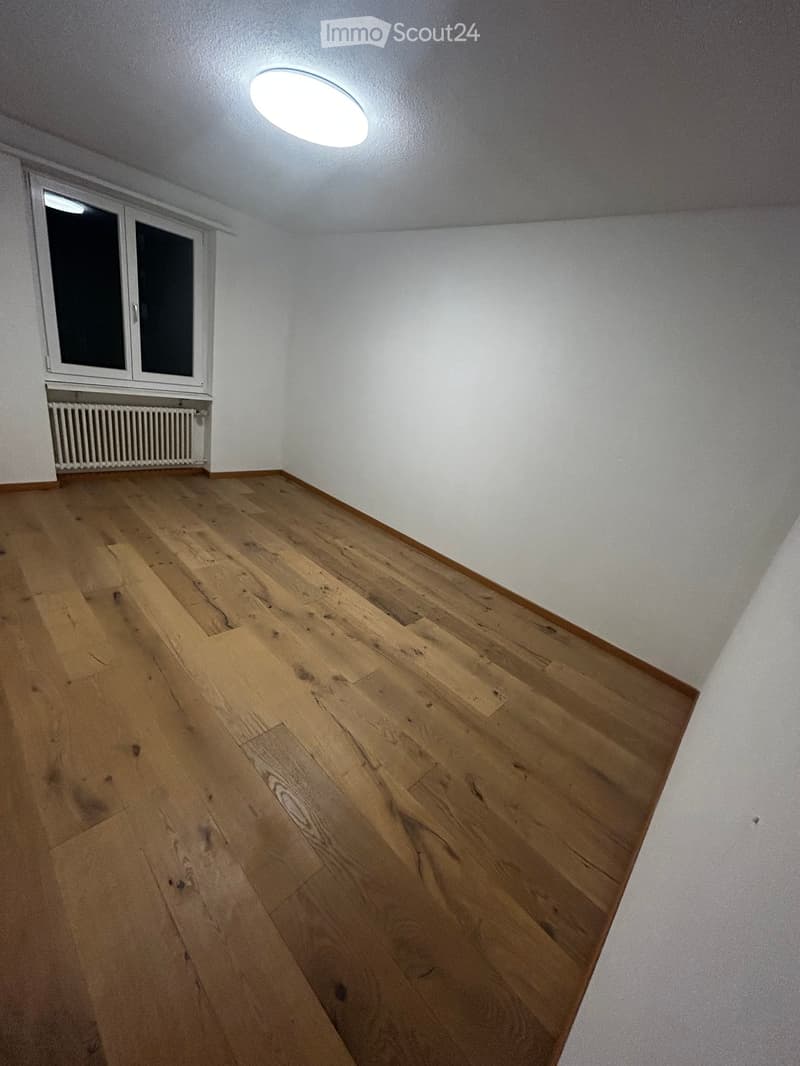 Empty room with wooden flooring, white walls, a window with a radiator below, and a ceiling light fixture.
