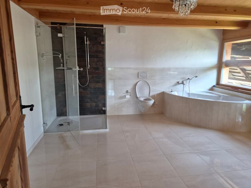 Modern bathroom with a large bathtub, toilet, glass-enclosed shower, and wooden ceiling beams.