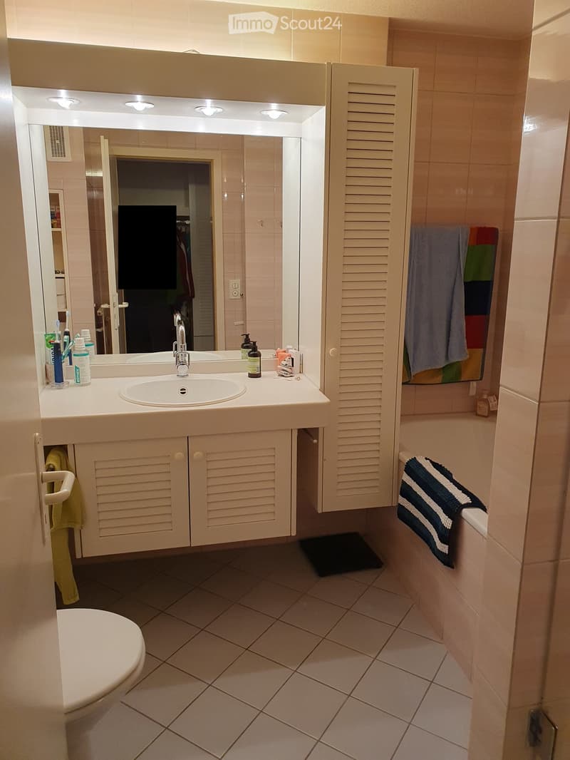 Bathroom with a white sink, mirror, cabinet, and towels. A toilet is visible in the foreground, and a striped towel hangs on the side of the bathtub.