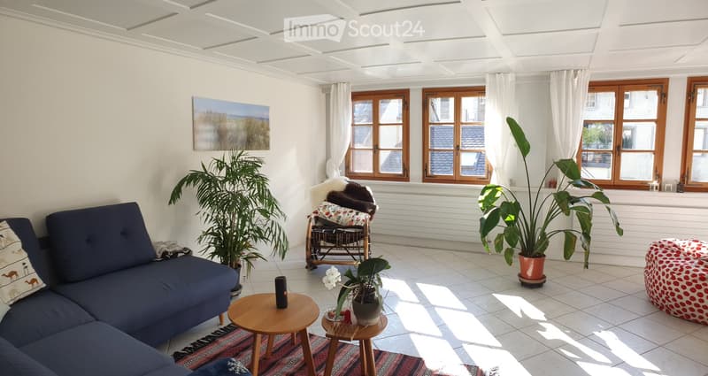 Bright living room with white walls, large windows, and a blue sectional sofa. Features include a wooden coffee table, a small wooden stool, potted plants, a decorative chair, and a picture frame on the wall.