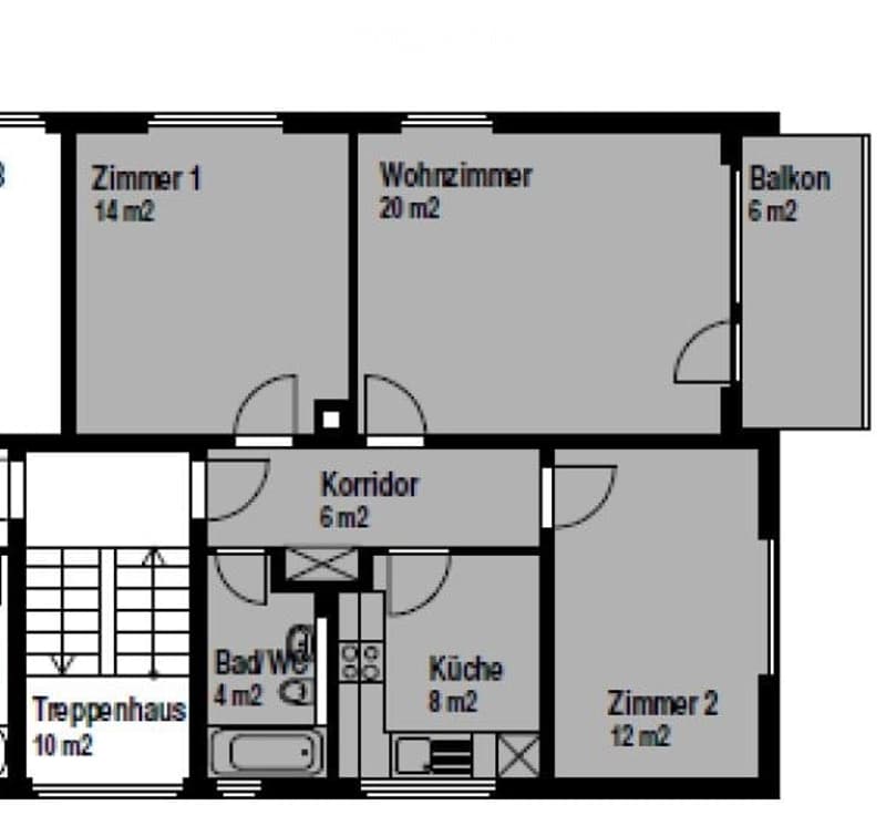 Floor plan of an apartment with living room, two bedrooms, kitchen, bathroom, hallway, and balcony.