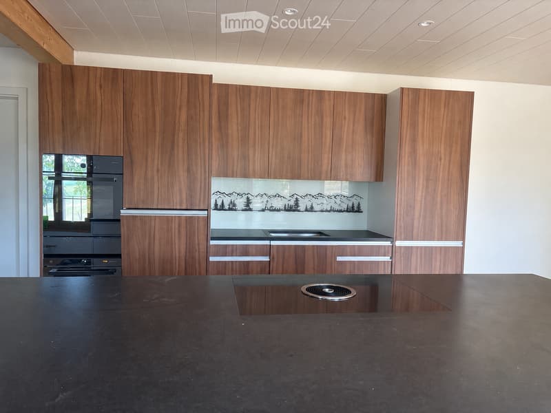 Modern kitchen with dark countertops, wooden cabinets, and a built-in oven. Features a sleek design with a decorative backsplash.