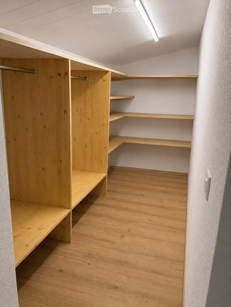 Empty closet with wooden shelves and a hanging rod, light wooden flooring, and white walls.