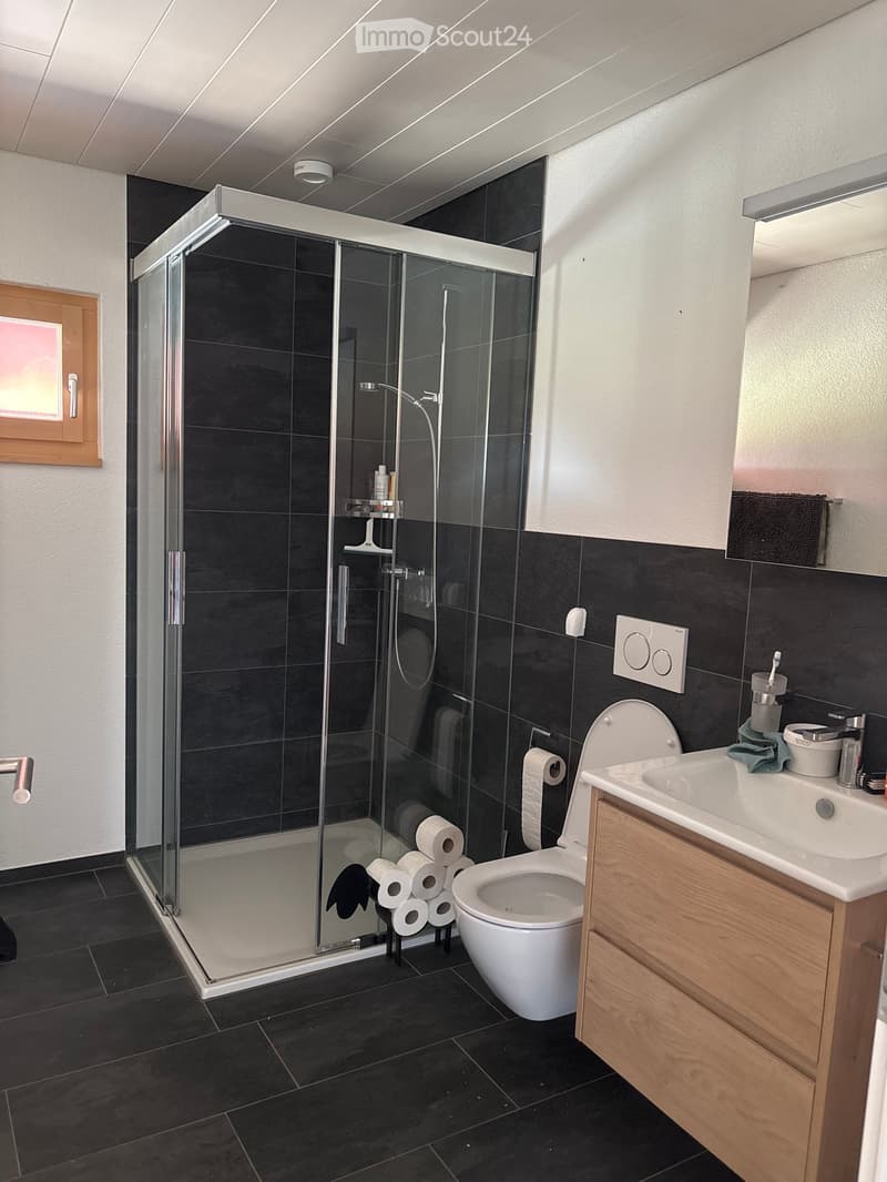 Modern bathroom with black tiles, glass-enclosed shower, toilet, sink, and wooden cabinet.