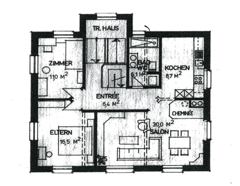 Floor plan showing a house layout with labeled rooms: entrance, salon, kitchen, bathroom, bedroom, and hallway.