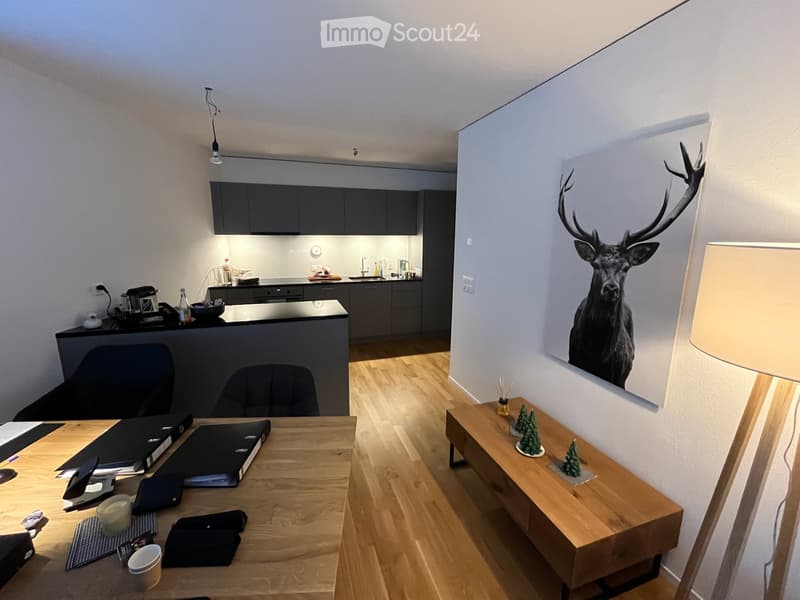 A modern, well-lit room with a wooden floor, a large picture of a deer on the wall, a wooden table with office supplies, a small wooden bench with decorative items, and a modern kitchen area with dark cabinets and stainless steel appliances.