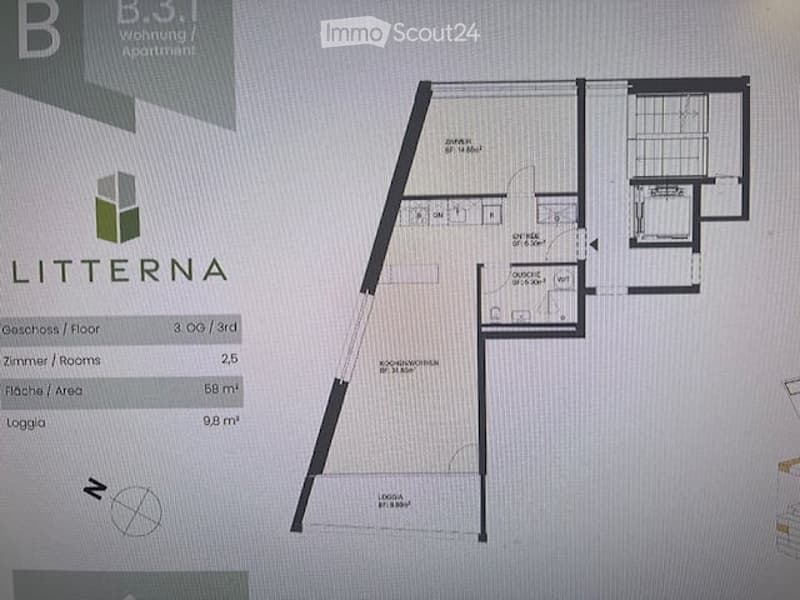 Floor plan of a 3rd floor apartment showing a living room, kitchen, two bedrooms, two bathrooms, and a balcony.