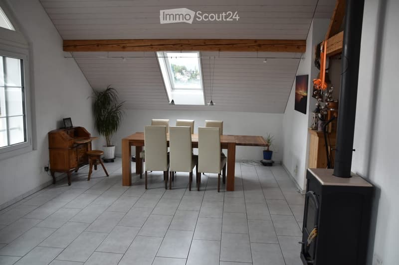 Bright dining area with a wooden dining table, six chairs, a small wooden cabinet, a fireplace, and potted plants.