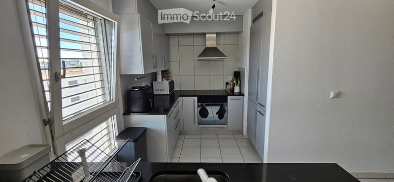 Modern kitchen with white cabinets, black countertops, and stainless steel appliances including an oven, microwave, and fridge. A dish rack and sink are visible, along with a window with blinds.