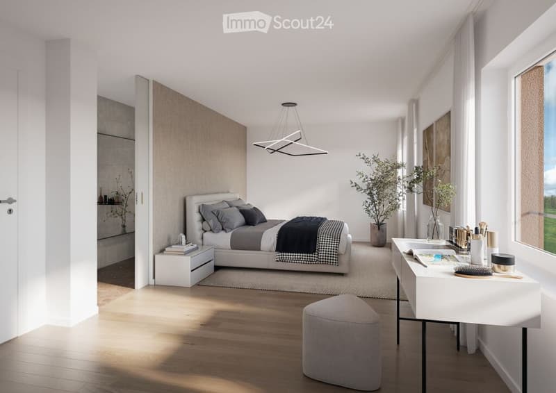 Master bedroom with bed, nightstands, large window, desk, ottoman, rug, pendant light, potted plant