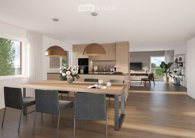 Dining area with dining table, chairs, floor lamp, vase with flowers, open to living room, kitchen island with appliances and tv, large windows with view