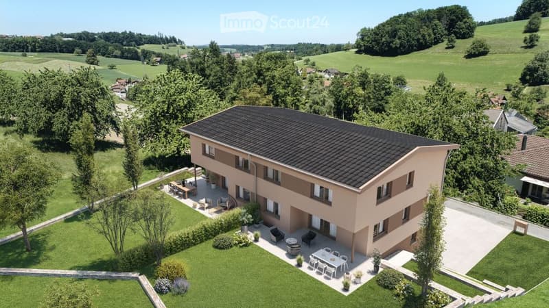 two story house, flat roof, swimming pool, lawn, outdoor dining area, green landscape