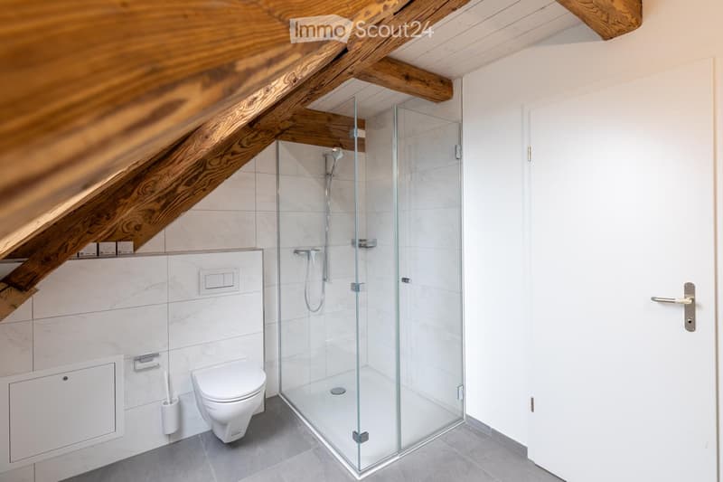 Modern bathroom with white tiles, a glass-enclosed shower, toilet, and wooden slanted ceiling beams.