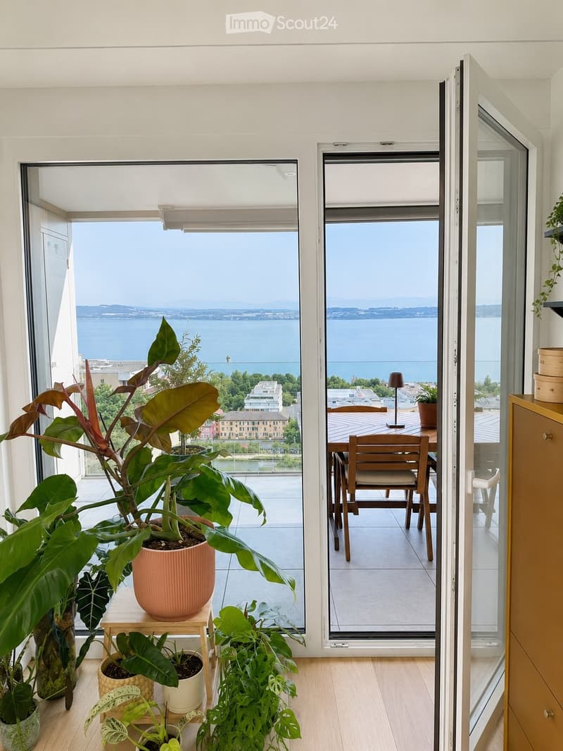 Bright room with large windows offering a scenic view of a lake and distant mountains. The space features a wooden floor, a small table with a large potted plant, and an open sliding door leading to a balcony with a dining set.