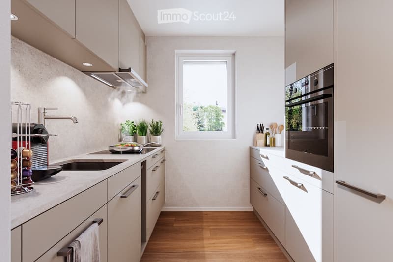 Modern kitchen with white cabinets, wooden flooring, stainless steel appliances, and a window overlooking greenery.