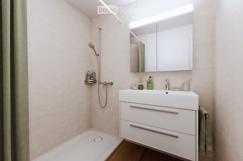 Modern bathroom with a white sink, mirror, shower, and a towel hanging on the side.