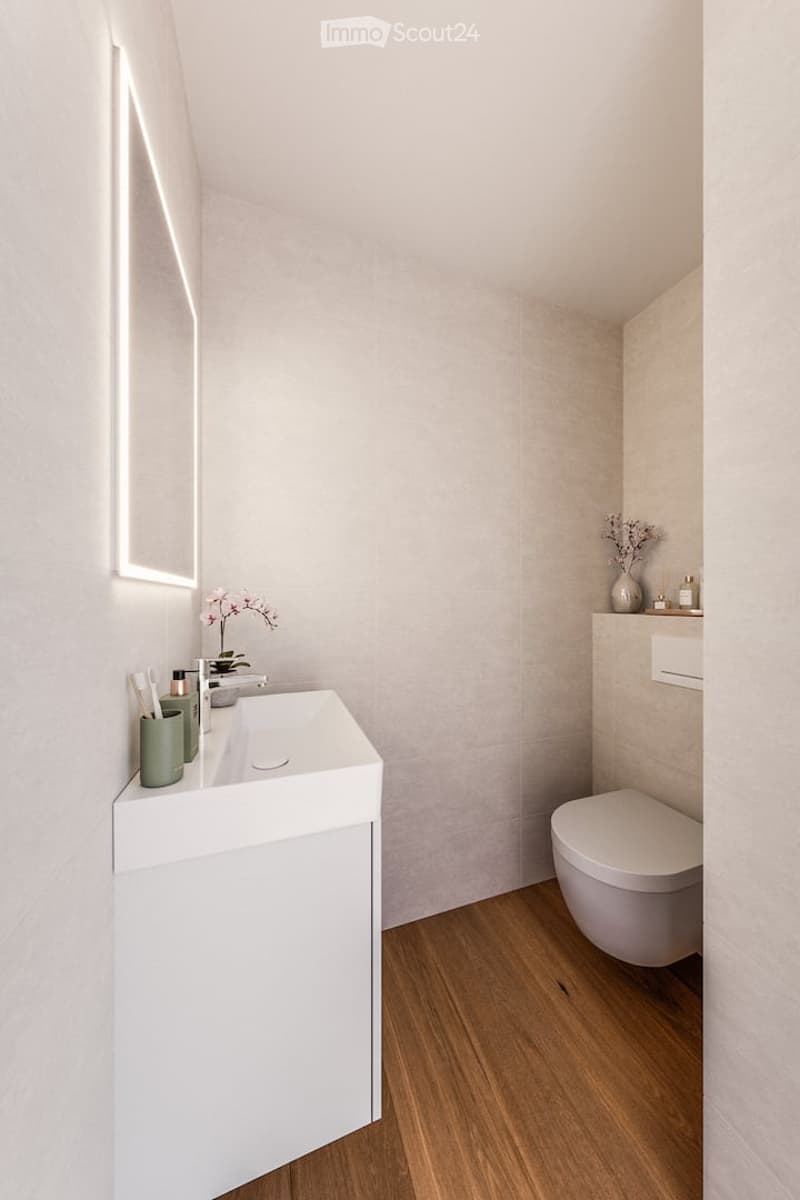 Modern bathroom with white walls, wooden floor, white sink, toilet, and a small shelf with decorative items.