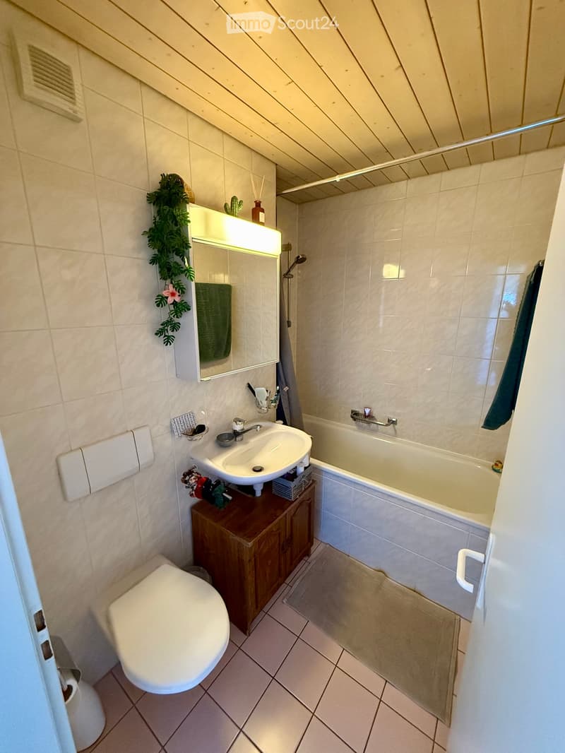 Cozy bathroom with a sink, toilet, bathtub, and a small wooden cabinet. Features a mirror with built-in lighting, a towel, and a small plant on the wall.