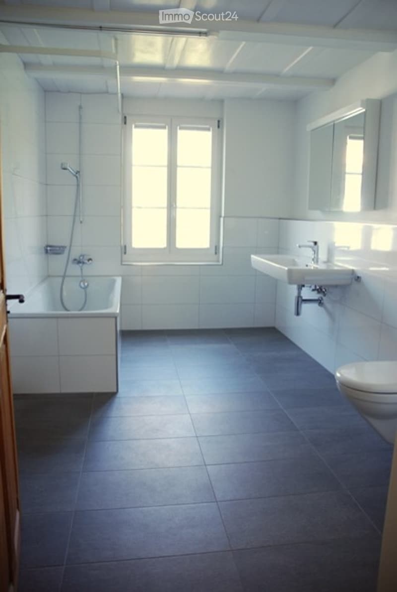 Modern bathroom with white tiles, dark blue floor tiles, a bathtub, a sink, a toilet, and a mirror.