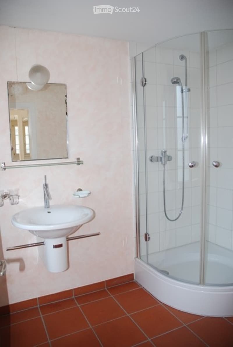 Modern bathroom with a white sink, mirror, and glass-enclosed shower. The walls are tiled in light pink, and the floor is covered with orange tiles.