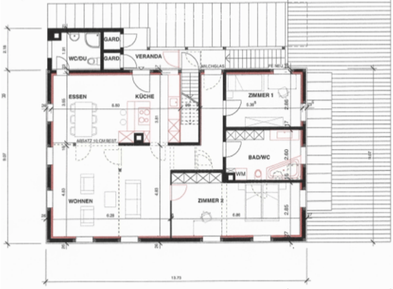 Floor plan of a house with multiple rooms including a kitchen, dining area, living room, two bedrooms, bathroom, and outdoor spaces such as a veranda and garden.
