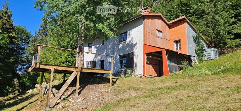 Two-story house with white and orange exterior, raised ground floor, wooden deck, and surrounding greenery.