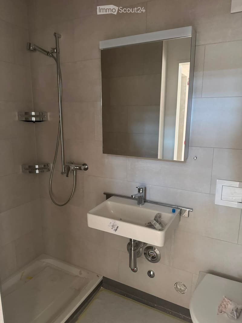 Modern bathroom with a white sink, chrome faucet, large mirror, and a shower area with a handheld showerhead.