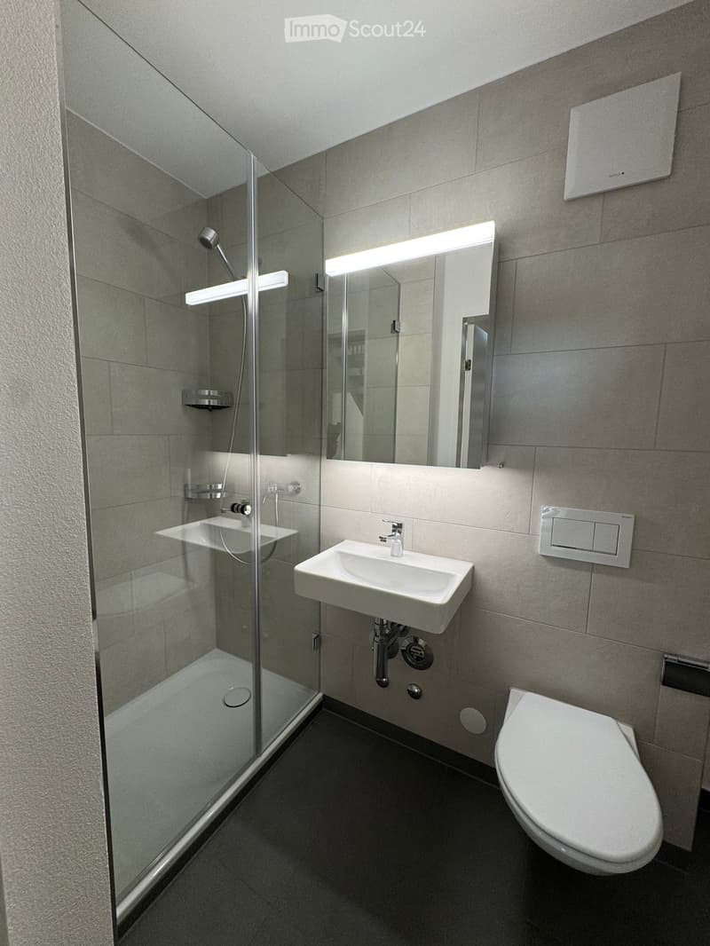 Modern bathroom with a white sink, toilet, large mirror with built-in lighting, and a glass-enclosed shower area.
