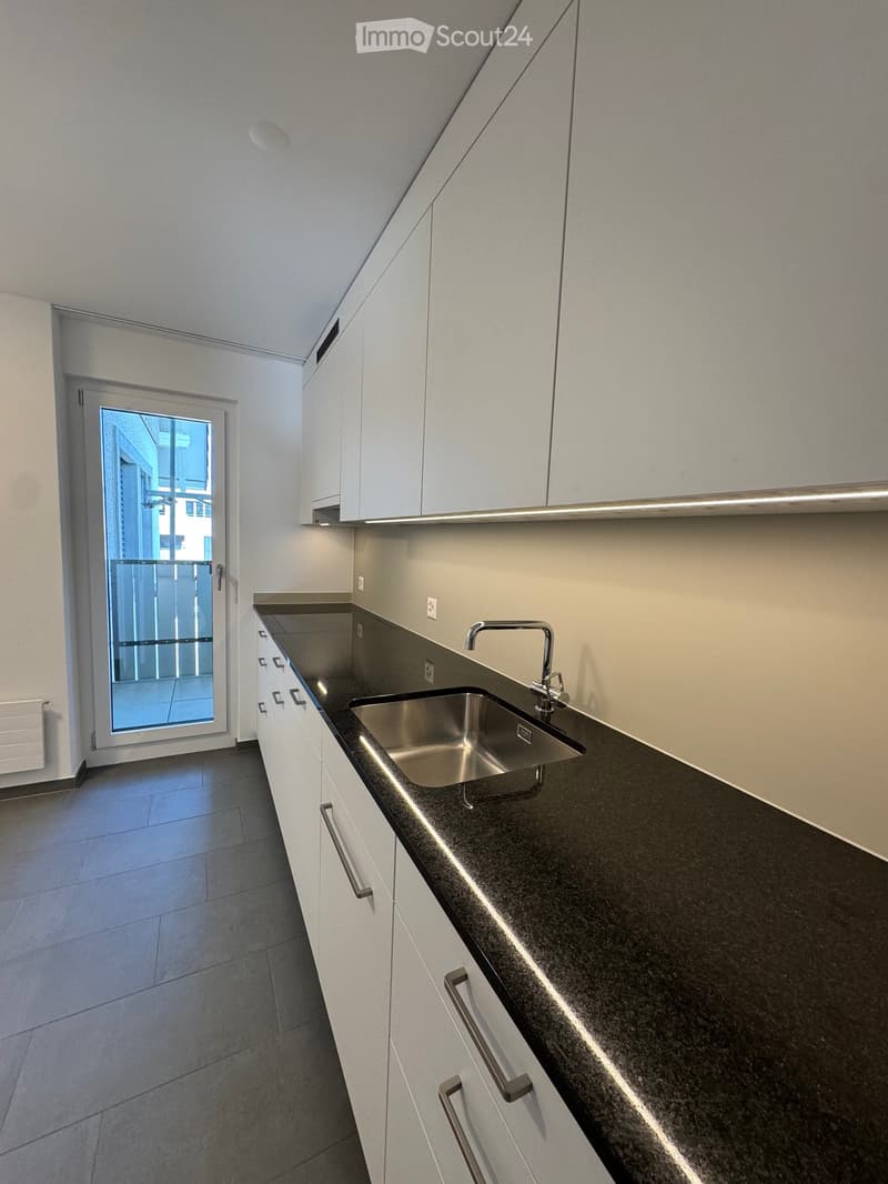 Modern kitchen with white cabinets, dark granite countertop, stainless steel sink, and a door leading to a balcony.