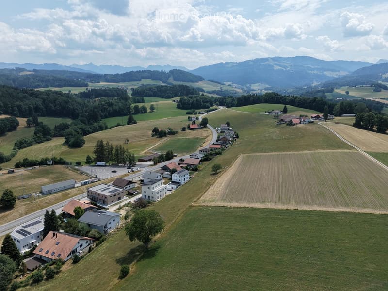 Aerial view of a rural village with houses, roads, and surrounding fields and mountains.