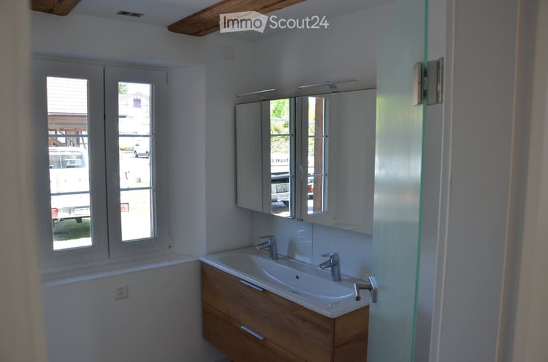 Modern bathroom with a white sink, wooden cabinet, and mirrored cabinet above it. The room features large windows with white frames and a glass shower enclosure.