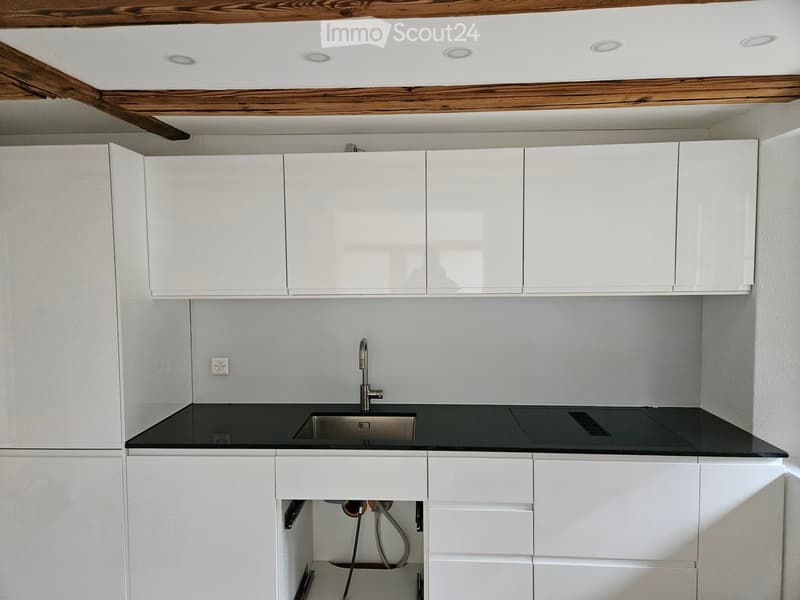 Modern kitchen with white cabinets, black countertop, and stainless steel sink.