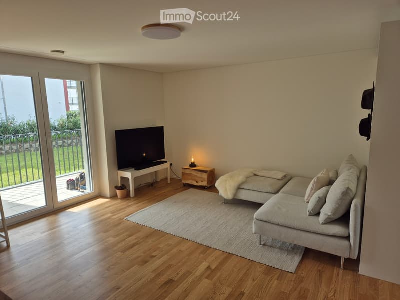 Modern living room with light wooden flooring, a grey sectional sofa, a coffee table, a television, a side table with a lamp, and a rug. Large sliding glass doors lead to a balcony.